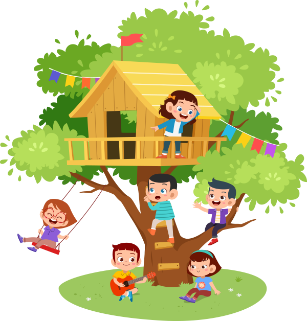 Baumhaus mit spielenden Kindern